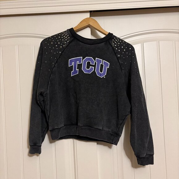TCU Cropped Sweatshirt Womens Small Gameday Couture Studded Sleeves Dark Gray - Picture 1 of 3